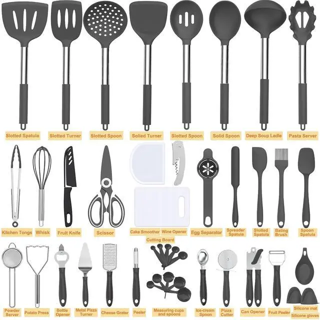 Alt view image 2 of 7 - Silicone Cooking Utensil Set, Umite Chef 43 PCS Heat Resistant Kitchen Utensil Gadgets Set-Stainless Steel Handle- Kitchen Spatula Tools for Nonstick Cookware, Pots and Pans Accessories(Grey)