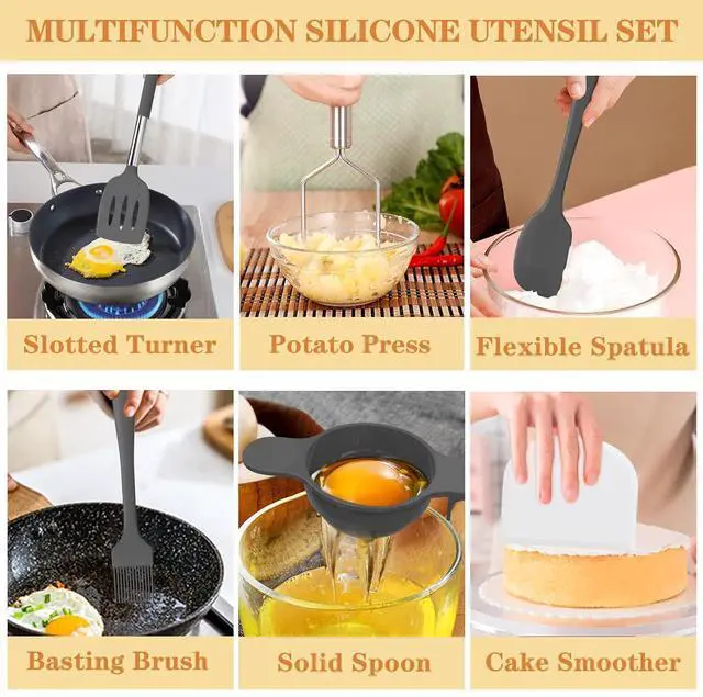 Alt view image 5 of 7 - Silicone Cooking Utensil Set, Umite Chef 43 PCS Heat Resistant Kitchen Utensil Gadgets Set-Stainless Steel Handle- Kitchen Spatula Tools for Nonstick Cookware, Pots and Pans Accessories(Grey)