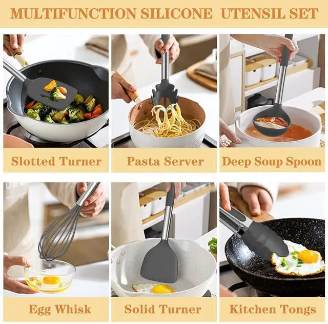 Alt view image 3 of 7 - Silicone Cooking Utensil Set, Umite Chef 43 PCS Heat Resistant Kitchen Utensil Gadgets Set-Stainless Steel Handle- Kitchen Spatula Tools for Nonstick Cookware, Pots and Pans Accessories(Grey)
