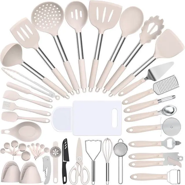 Main image of Silicone Cooking Utensil Set, Umite Chef 43 PCS Heat Resistant Kitchen Utensil Gadgets Set-Stainless Steel Handle- Kitchen Spatula Tools for Nonstick Cookware, Pots and Pans Accessories (Khaki)