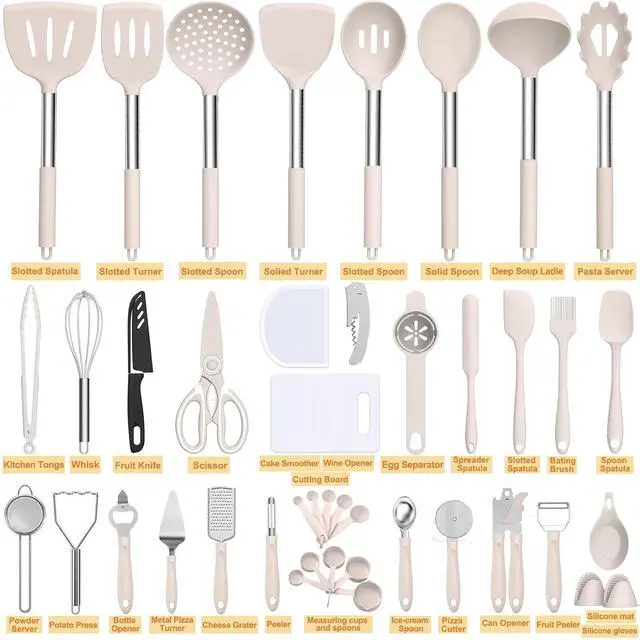 Alt view image 2 of 7 - Silicone Cooking Utensil Set, Umite Chef 43 PCS Heat Resistant Kitchen Utensil Gadgets Set-Stainless Steel Handle- Kitchen Spatula Tools for Nonstick Cookware, Pots and Pans Accessories (Khaki)