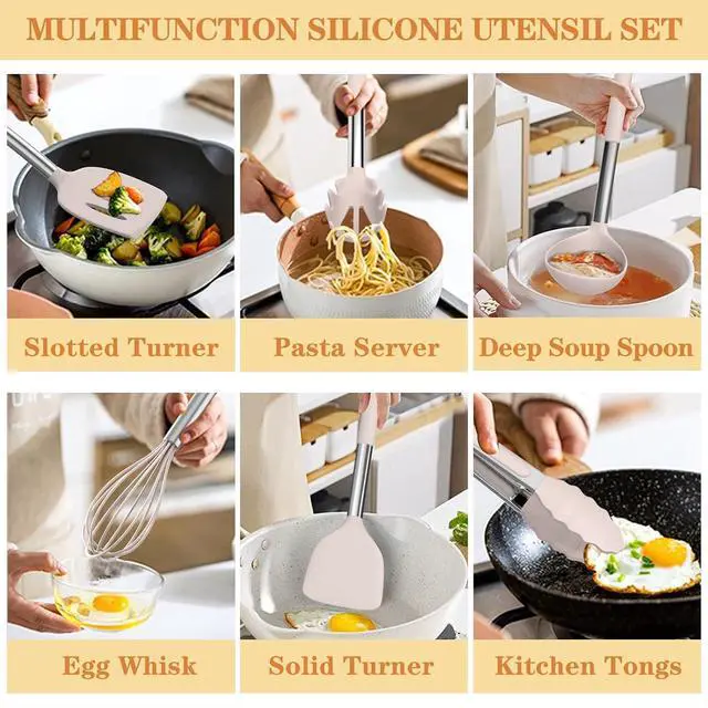 Alt view image 3 of 7 - Silicone Cooking Utensil Set, Umite Chef 43 PCS Heat Resistant Kitchen Utensil Gadgets Set-Stainless Steel Handle- Kitchen Spatula Tools for Nonstick Cookware, Pots and Pans Accessories (Khaki)