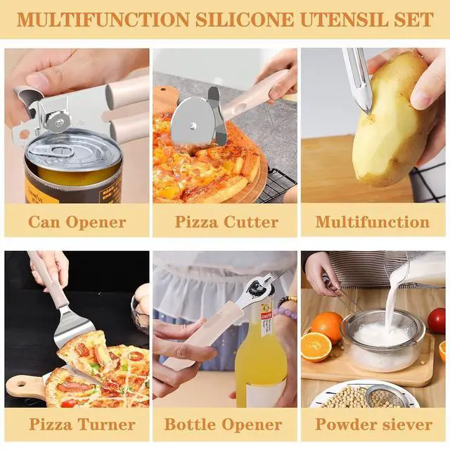 Alt view image 4 of 7 - Silicone Cooking Utensil Set, Umite Chef 43 PCS Heat Resistant Kitchen Utensil Gadgets Set-Stainless Steel Handle- Kitchen Spatula Tools for Nonstick Cookware, Pots and Pans Accessories (Khaki)