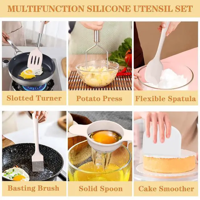 Alt view image 5 of 7 - Silicone Cooking Utensil Set, Umite Chef 43 PCS Heat Resistant Kitchen Utensil Gadgets Set-Stainless Steel Handle- Kitchen Spatula Tools for Nonstick Cookware, Pots and Pans Accessories (Khaki)