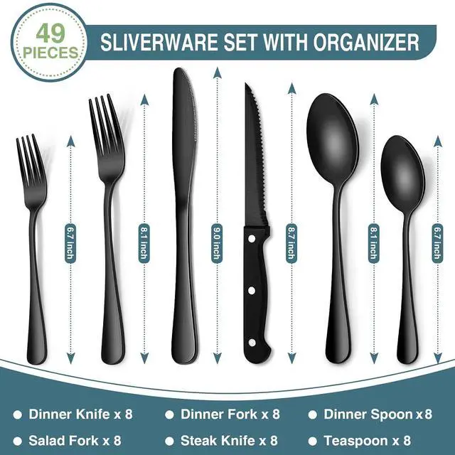 Alt view image 2 of 7 - Black Silverware Set, Umite Chef 49-Piece Flatware Set with Drawer Organizer, Durable Stainless Steel Cutlery Set for 8, Tableware Eating Utensils with Steak Knives for Home Restaurant