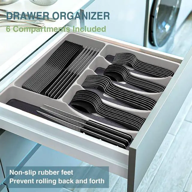 Alt view image 5 of 7 - Black Silverware Set, Umite Chef 49-Piece Flatware Set with Drawer Organizer, Durable Stainless Steel Cutlery Set for 8, Tableware Eating Utensils with Steak Knives for Home Restaurant