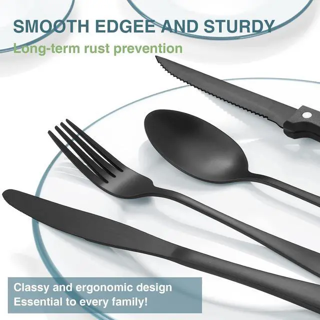 Alt view image 7 of 7 - Black Silverware Set, Umite Chef 49-Piece Flatware Set with Drawer Organizer, Durable Stainless Steel Cutlery Set for 8, Tableware Eating Utensils with Steak Knives for Home Restaurant