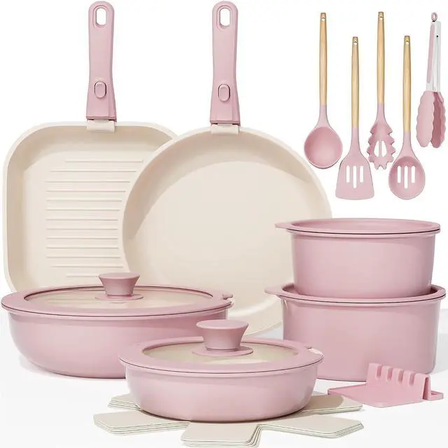Main image of Astercook 22 Piece Pots and Pans Set Non Stick, Cookware Set with Detachable Handles, Induction Compatible & Oven Safe, Stackable Space-Saving Kitchen Cooking Set for RV, Camping & Home, Pink