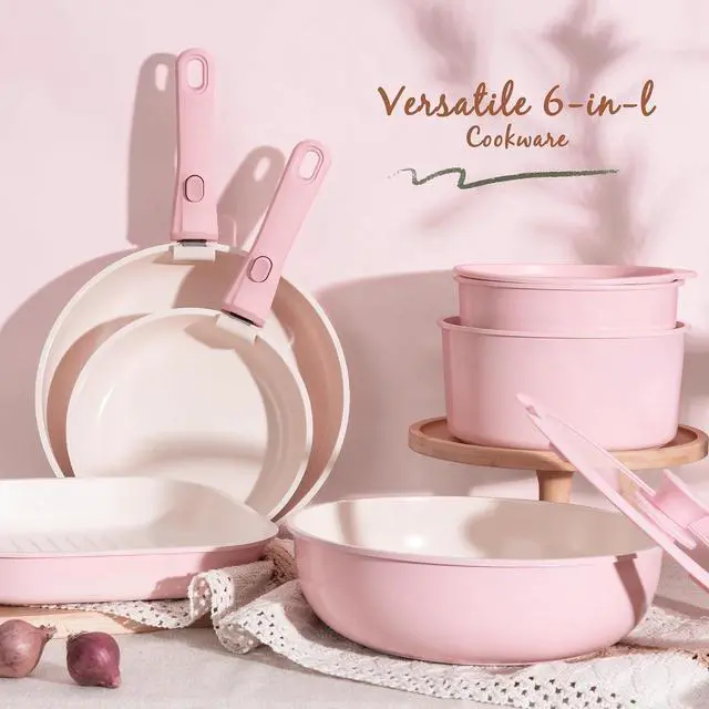 Alt view image 2 of 7 - Astercook 22 Piece Pots and Pans Set Non Stick, Cookware Set with Detachable Handles, Induction Compatible & Oven Safe, Stackable Space-Saving Kitchen Cooking Set for RV, Camping & Home, Pink