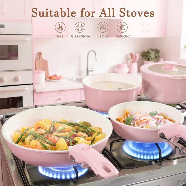 Alt view image 5 of 7 - Astercook 22 Piece Pots and Pans Set Non Stick, Cookware Set with Detachable Handles, Induction Compatible & Oven Safe, Stackable Space-Saving Kitchen Cooking Set for RV, Camping & Home, Pink