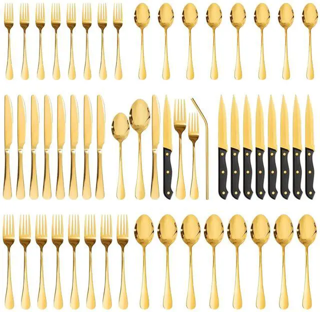 Main image of Astercook Silverware Set 48-Piece Gold Flatware Set with Steak Knives Food-Grade Stainless Steel Cutlery Set for 8 Mirror Polished Utensils Set Include Spoons and Forks for Home Kitchen Restaurant
