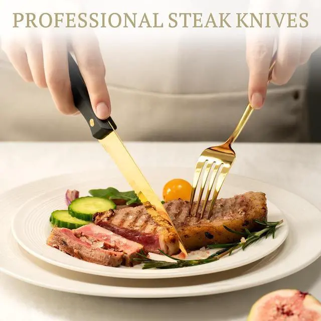 Alt view image 3 of 7 - Astercook Silverware Set 48-Piece Gold Flatware Set with Steak Knives Food-Grade Stainless Steel Cutlery Set for 8 Mirror Polished Utensils Set Include Spoons and Forks for Home Kitchen Restaurant