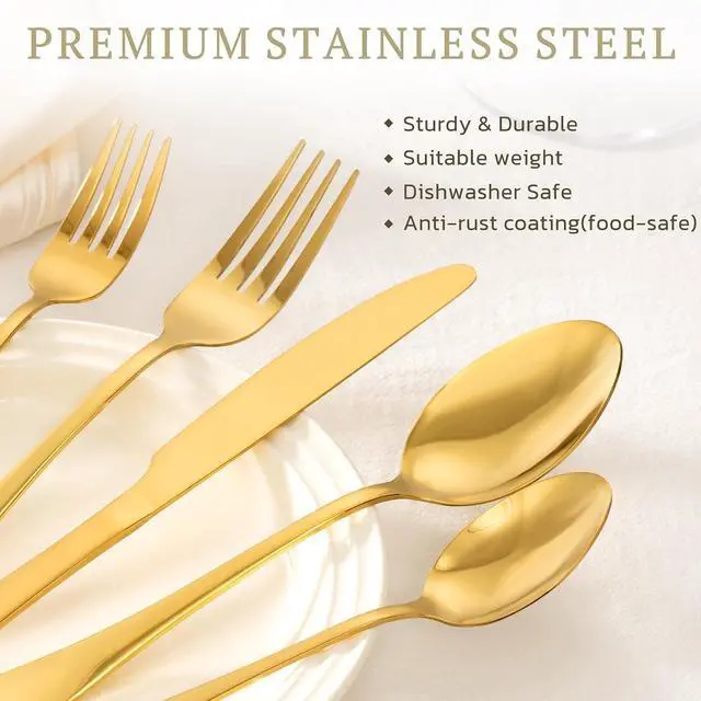 Alt view image 4 of 7 - Astercook Silverware Set 48-Piece Gold Flatware Set with Steak Knives Food-Grade Stainless Steel Cutlery Set for 8 Mirror Polished Utensils Set Include Spoons and Forks for Home Kitchen Restaurant