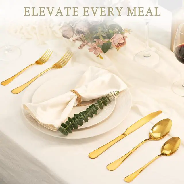 Alt view image 2 of 7 - Astercook Silverware Set 48-Piece Gold Flatware Set with Steak Knives Food-Grade Stainless Steel Cutlery Set for 8 Mirror Polished Utensils Set Include Spoons and Forks for Home Kitchen Restaurant