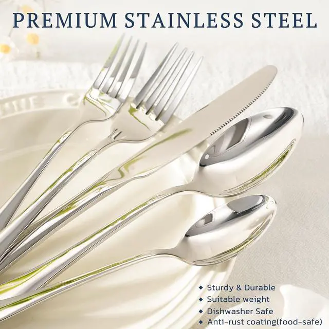 Alt view image 3 of 7 - Astercook Silverware Set 48-Piece Flatware with Steak Knives Food-Grade Stainless Steel Cutlery for 8 Mirror Polished Utensils Set Include Spoons and Forks for Home Kitchen Restaurant