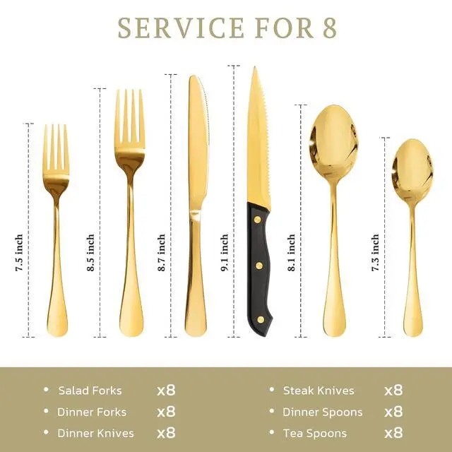 Alt view image 6 of 7 - Astercook Silverware Set 48-Piece Gold Flatware Set with Steak Knives Food-Grade Stainless Steel Cutlery Set for 8 Mirror Polished Utensils Set Include Spoons and Forks for Home Kitchen Restaurant