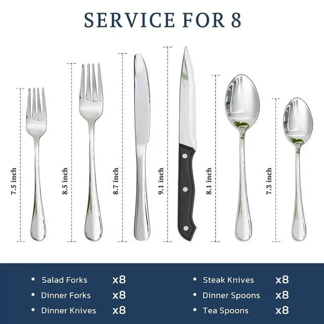 Alt view image 6 of 7 - Astercook Silverware Set 48-Piece Flatware with Steak Knives Food-Grade Stainless Steel Cutlery for 8 Mirror Polished Utensils Set Include Spoons and Forks for Home Kitchen Restaurant