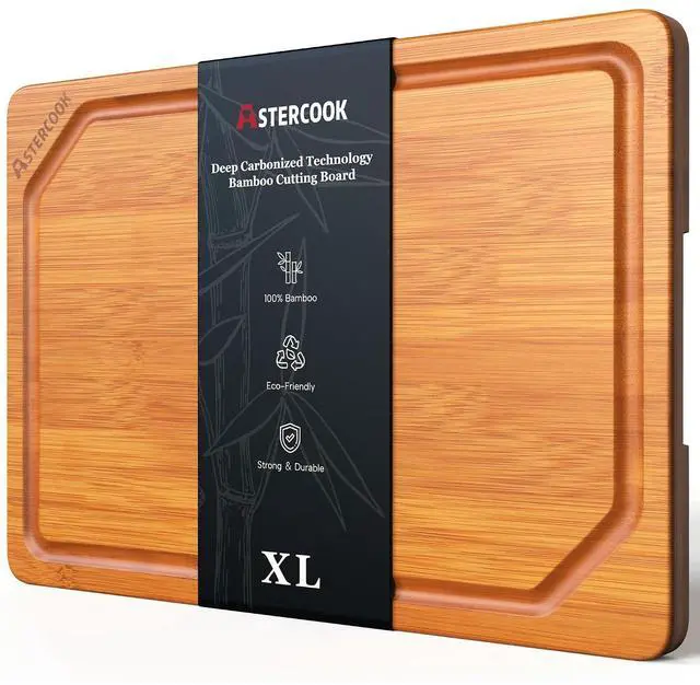 Main image of Astercook Deep Carbonized Bamboo Cutting Board, 12" x 17" Large Wood Chopping Board for Kitchen with Juice Groove & Side Handles, Knife-Friendly Serving Charcuterie Board for Meat, Vegetables, Fruit