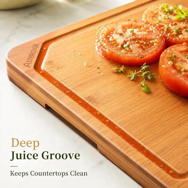 Alt view image 2 of 7 - Astercook Deep Carbonized Bamboo Cutting Board, 12" x 17" Large Wood Chopping Board for Kitchen with Juice Groove & Side Handles, Knife-Friendly Serving Charcuterie Board for Meat, Vegetables, Fruit
