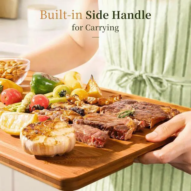 Alt view image 3 of 7 - Astercook Deep Carbonized Bamboo Cutting Board, 12" x 17" Large Wood Chopping Board for Kitchen with Juice Groove & Side Handles, Knife-Friendly Serving Charcuterie Board for Meat, Vegetables, Fruit