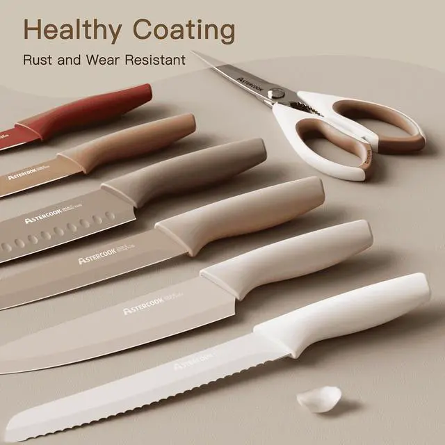Alt view image 3 of 7 - Astercook 7 Pieces Kitchen Knife Set, Knives Set with Anti-Rust Coating, Stainless Steel Chef Knife Sets with 6 Blade Guards Dishwasher Safe