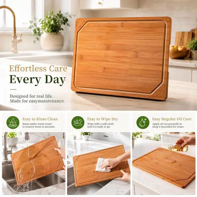 Alt view image 6 of 7 - Astercook Deep Carbonized Bamboo Cutting Board, 12" x 17" Large Wood Chopping Board for Kitchen with Juice Groove & Side Handles, Knife-Friendly Serving Charcuterie Board for Meat, Vegetables, Fruit