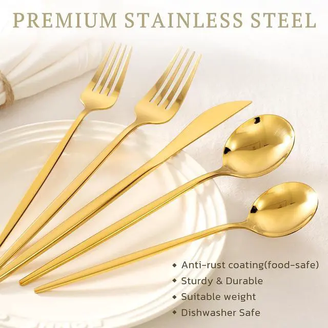 Alt view image 4 of 7 - Astercook Silverware Set 48-Piece Gold Flatware Set with Steak Knives Food-Grade Stainless Steel Cutlery Set for 8 Mirror Polished Utensils Set for Home Kitchen Restaurant