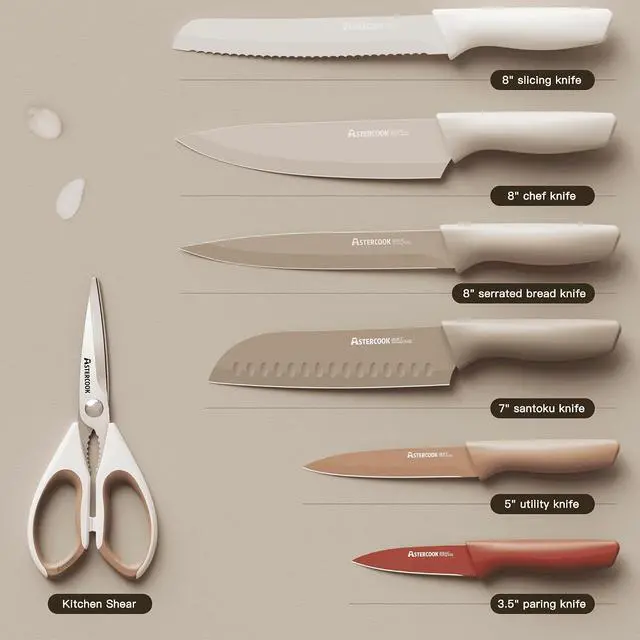 Alt view image 7 of 7 - Astercook 7 Pieces Kitchen Knife Set, Knives Set with Anti-Rust Coating, Stainless Steel Chef Knife Sets with 6 Blade Guards Dishwasher Safe