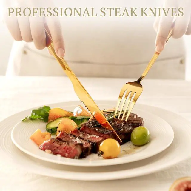 Alt view image 3 of 7 - Astercook Silverware Set 48-Piece Gold Flatware Set with Steak Knives Food-Grade Stainless Steel Cutlery Set for 8 Mirror Polished Utensils Set for Home Kitchen Restaurant