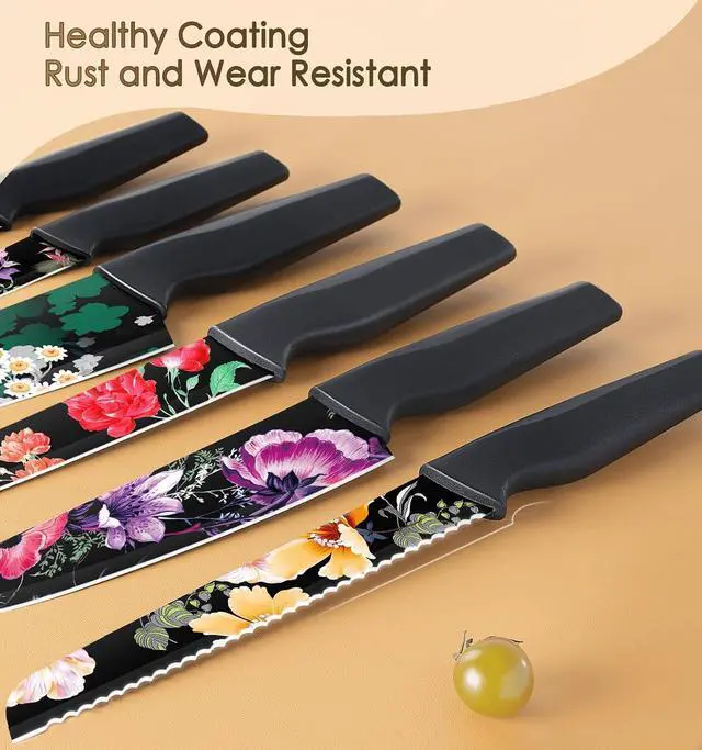 Alt view image 3 of 5 - Astercook 6 Piece Flower Kitchen Knife Set, German High Carbon Stainless Steel Knives Sets with 6 Blade Guards Dishwasher Safe, Perfect Gifts for Kitchen
