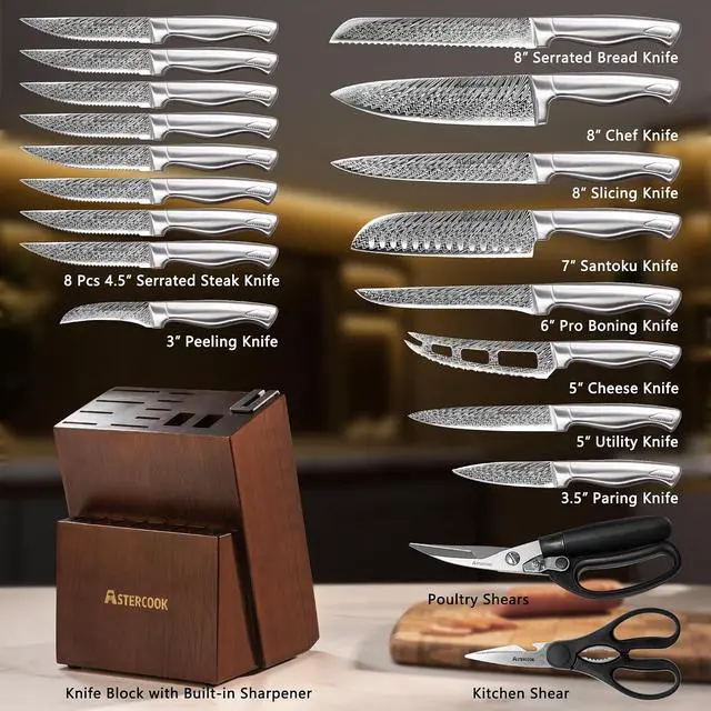 Alt view image 3 of 7 - Knife Set, Astercook 21 Pieces Kitchen Knife Set with Built-in Sharpener, German Stainless Steel Knife Block Set, Razor-Sharp Knives with Full-tang Handle, Dishwasher Safe Kitchen Utensils Set