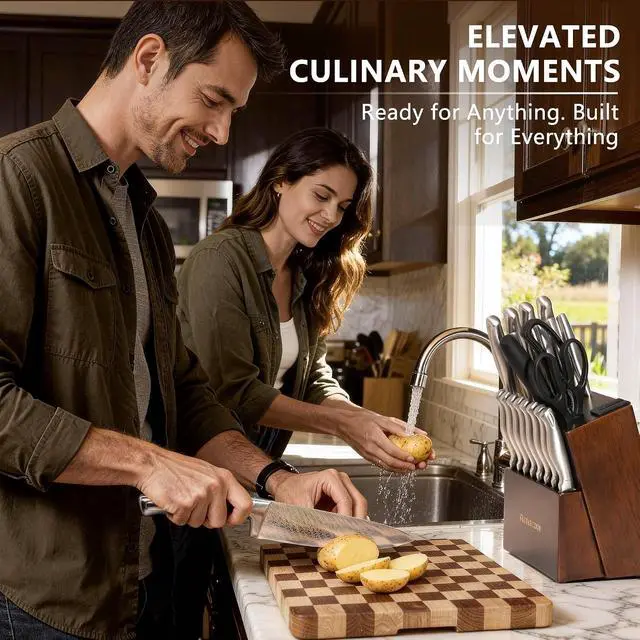 Alt view image 4 of 7 - Knife Set, Astercook 21 Pieces Kitchen Knife Set with Built-in Sharpener, German Stainless Steel Knife Block Set, Razor-Sharp Knives with Full-tang Handle, Dishwasher Safe Kitchen Utensils Set