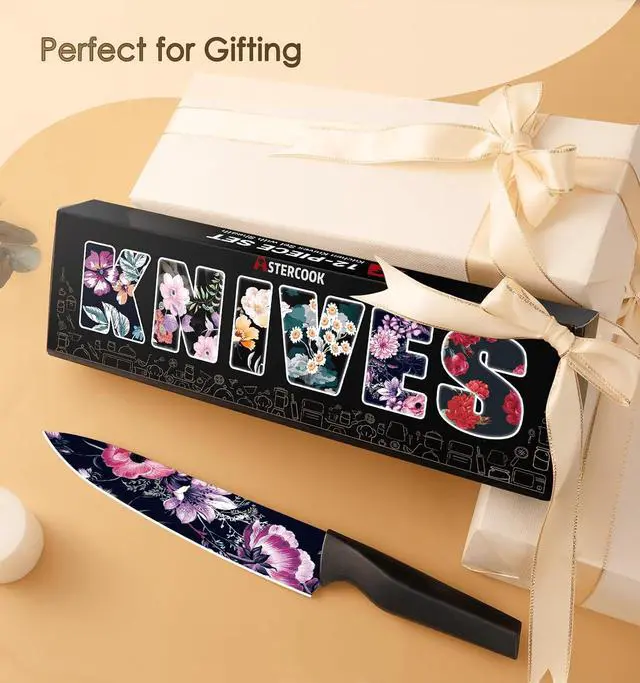 Alt view image 4 of 5 - Astercook 6 Piece Flower Kitchen Knife Set, German High Carbon Stainless Steel Knives Sets with 6 Blade Guards Dishwasher Safe, Perfect Gifts for Kitchen