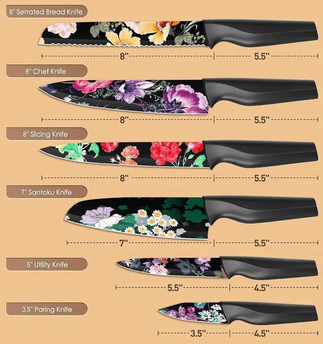Alt view image 5 of 5 - Astercook 6 Piece Flower Kitchen Knife Set, German High Carbon Stainless Steel Knives Sets with 6 Blade Guards Dishwasher Safe, Perfect Gifts for Kitchen