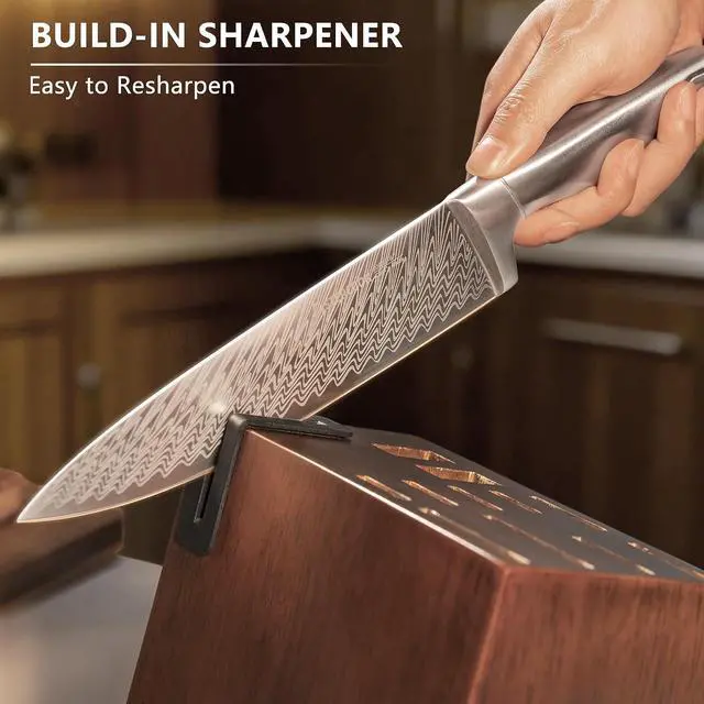 Alt view image 7 of 7 - Knife Set, Astercook 21 Pieces Kitchen Knife Set with Built-in Sharpener, German Stainless Steel Knife Block Set, Razor-Sharp Knives with Full-tang Handle, Dishwasher Safe Kitchen Utensils Set