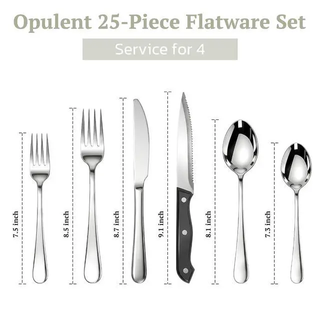 Alt view image 2 of 7 - Astercook 25-Pieces Silverware Set with Steak Knives, Tableware Set for 4 - Great Food-Grade Stainless Steel Flatware Set, Mirror-Polished Dining Utensil Set Perfect for Home & Restaurant