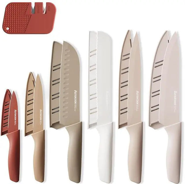 Main image of Astercook Knife Set, 7-Piece Kitchen Knives Set with Sharpener, High Carbon Stainless Steel Chef Knives with Anti-Rust Coating & 6 Blade Guards, Dishwasher Safe