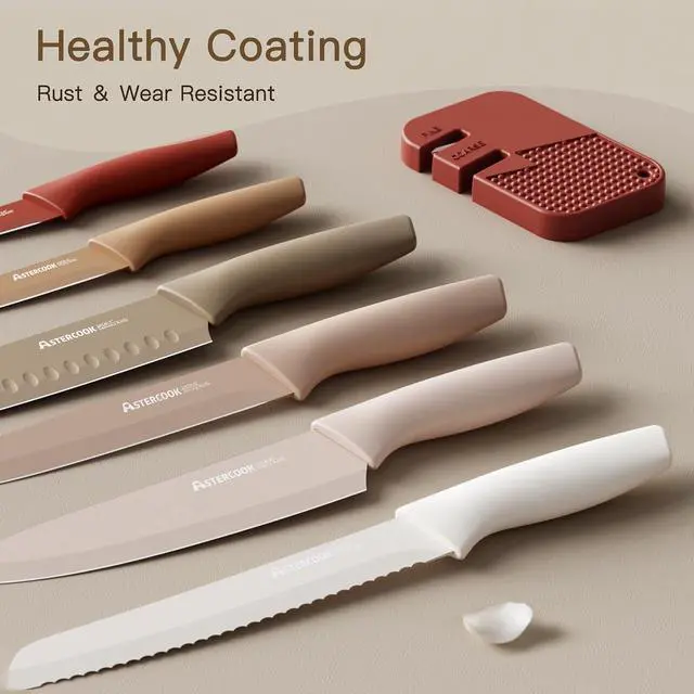 Alt view image 3 of 7 - Astercook Knife Set, 7-Piece Kitchen Knives Set with Sharpener, High Carbon Stainless Steel Chef Knives with Anti-Rust Coating & 6 Blade Guards, Dishwasher Safe