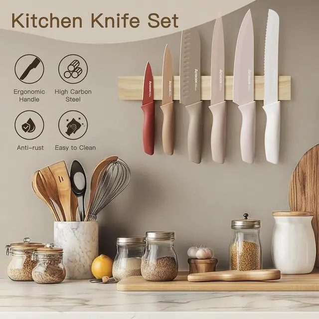 Alt view image 2 of 7 - Astercook Knife Set, 7-Piece Kitchen Knives Set with Sharpener, High Carbon Stainless Steel Chef Knives with Anti-Rust Coating & 6 Blade Guards, Dishwasher Safe