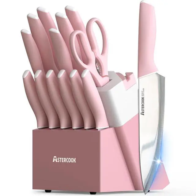 Main image of Astercook Knife Set, Kitchen Knives Set with Block and Sharpener 15 Pcs German Stainless Steel Knives Sharp Blade Dishwasher Safe Deba Knives with Ergonomic Handle, Crystal Pink