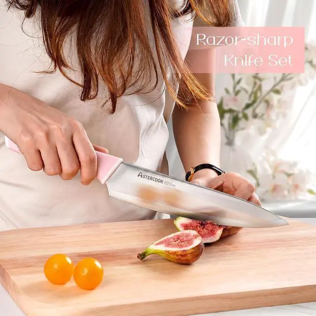 Alt view image 2 of 7 - Astercook Knife Set, Kitchen Knives Set with Block and Sharpener 15 Pcs German Stainless Steel Knives Sharp Blade Dishwasher Safe Deba Knives with Ergonomic Handle, Crystal Pink