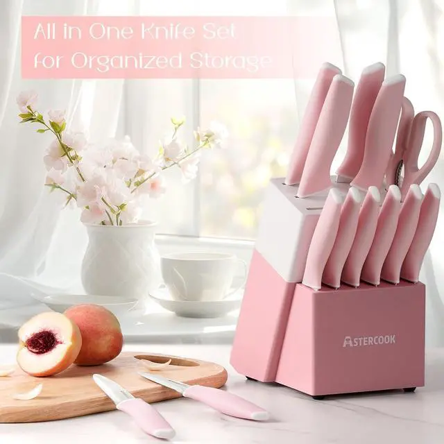 Alt view image 3 of 7 - Astercook Knife Set, Kitchen Knives Set with Block and Sharpener 15 Pcs German Stainless Steel Knives Sharp Blade Dishwasher Safe Deba Knives with Ergonomic Handle, Crystal Pink
