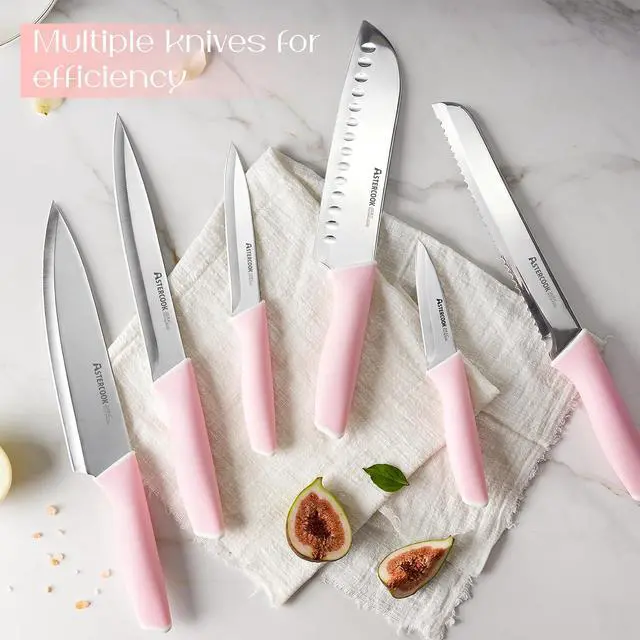 Alt view image 4 of 7 - Astercook Knife Set, Kitchen Knives Set with Block and Sharpener 15 Pcs German Stainless Steel Knives Sharp Blade Dishwasher Safe Deba Knives with Ergonomic Handle, Crystal Pink