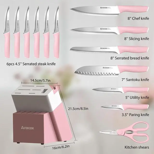 Alt view image 5 of 7 - Astercook Knife Set, Kitchen Knives Set with Block and Sharpener 15 Pcs German Stainless Steel Knives Sharp Blade Dishwasher Safe Deba Knives with Ergonomic Handle, Crystal Pink