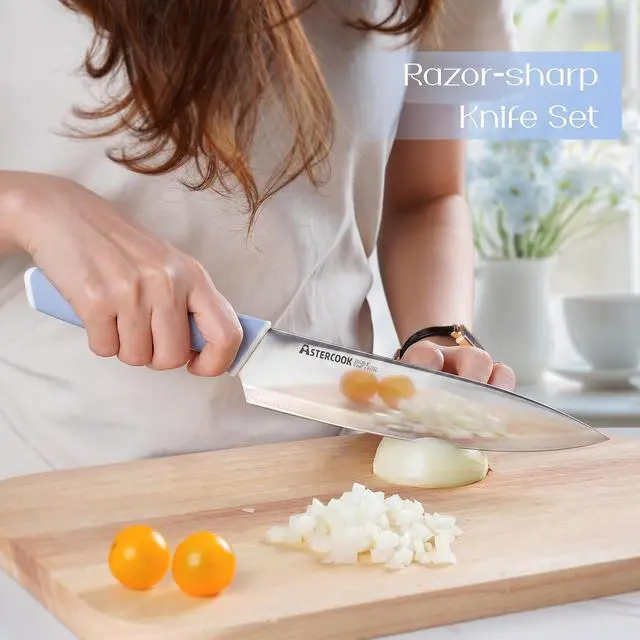 Alt view image 2 of 7 - Astercook Kitchen Knife Set with Block and Sharpener 15 Piece German High Carbon Stainless Steel Knives Sharp Blade Dishwasher Safe Deba Knives with Ergonomic Handle, Delicate Blue