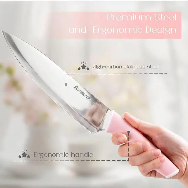 Alt view image 7 of 7 - Astercook Knife Set, Kitchen Knives Set with Block and Sharpener 15 Pcs German Stainless Steel Knives Sharp Blade Dishwasher Safe Deba Knives with Ergonomic Handle, Crystal Pink