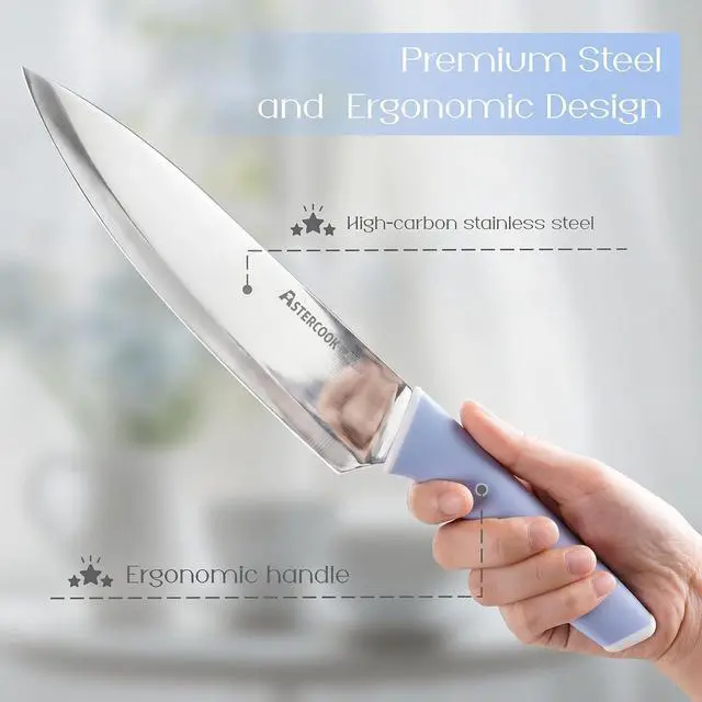 Alt view image 3 of 7 - Astercook Kitchen Knife Set with Block and Sharpener 15 Piece German High Carbon Stainless Steel Knives Sharp Blade Dishwasher Safe Deba Knives with Ergonomic Handle, Delicate Blue