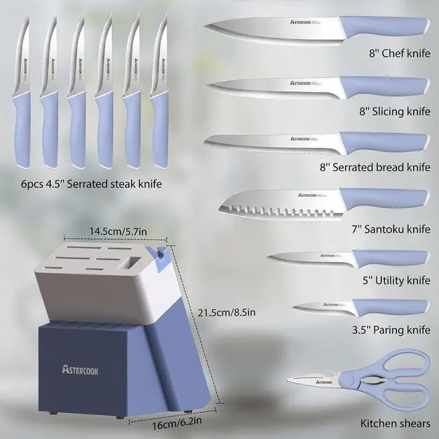Alt view image 5 of 7 - Astercook Kitchen Knife Set with Block and Sharpener 15 Piece German High Carbon Stainless Steel Knives Sharp Blade Dishwasher Safe Deba Knives with Ergonomic Handle, Delicate Blue
