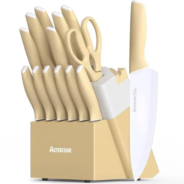 Main image of Astercook Kitchen Knife Set with Block and Sharpener 15 Piece Knives Set German High Carbon Stainless Steel Knives Sharp Blade Dishwasher Safe Deba Knives with Ergonomic Handle