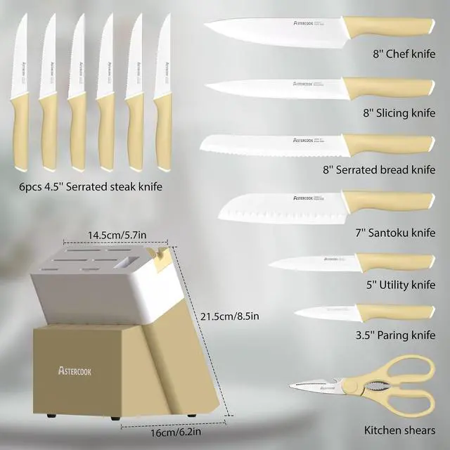 Alt view image 4 of 7 - Astercook Kitchen Knife Set with Block and Sharpener 15 Piece Knives Set German High Carbon Stainless Steel Knives Sharp Blade Dishwasher Safe Deba Knives with Ergonomic Handle